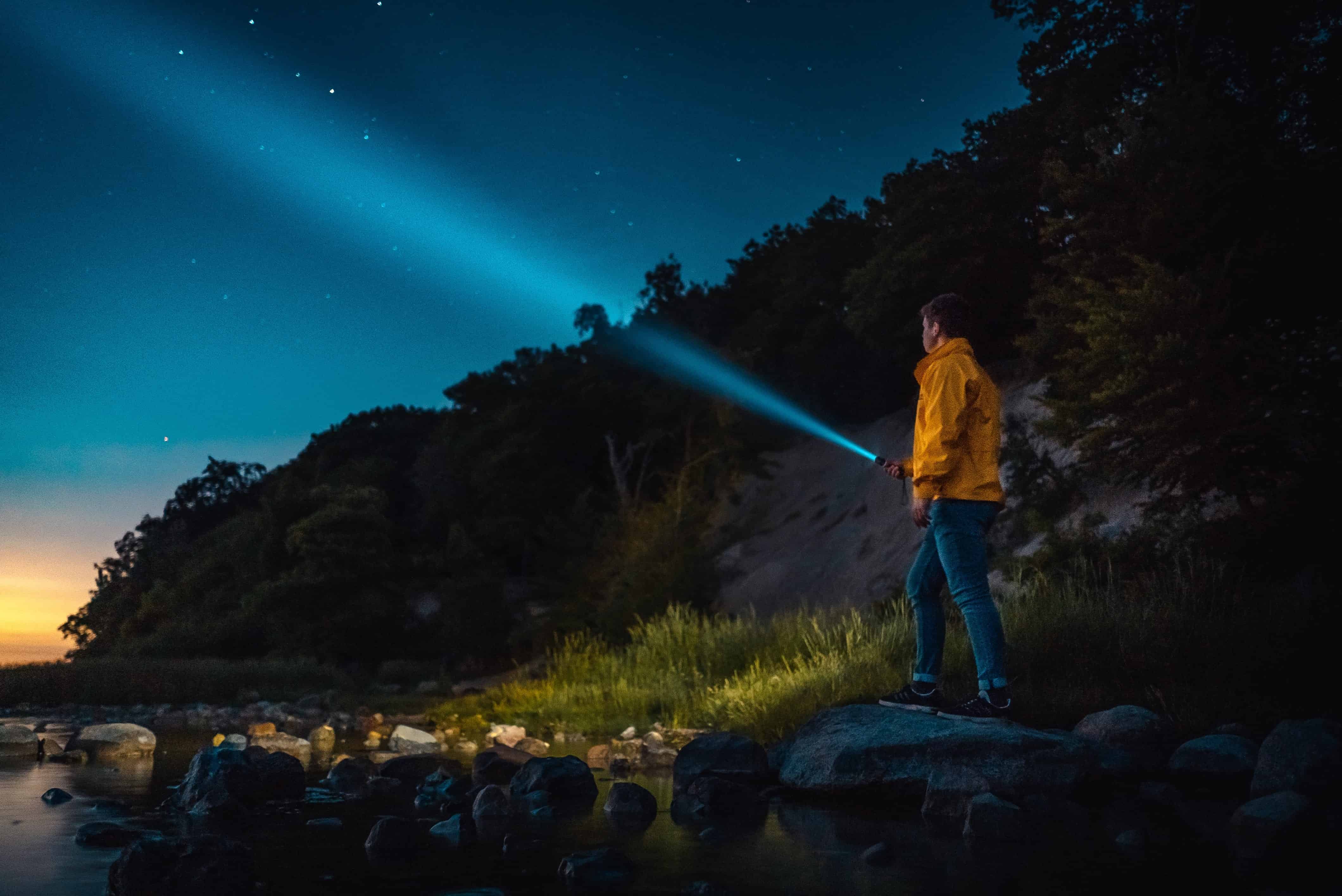 man using a flashlight in the dark