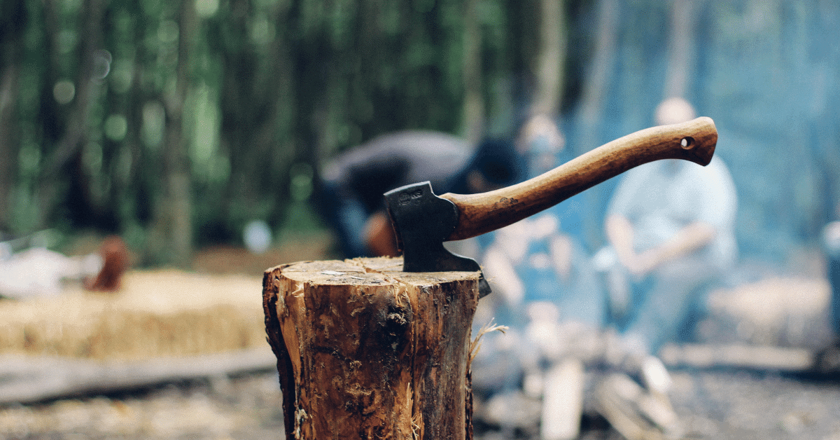 a hatchet in a log at a campsite