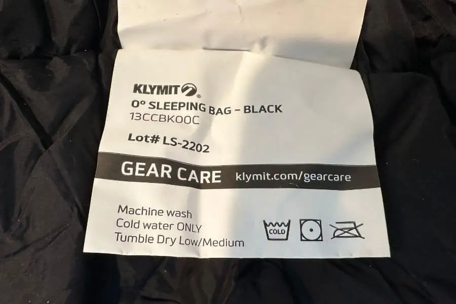 Klymit 0 Degree Sleeping Bag Care Instructions