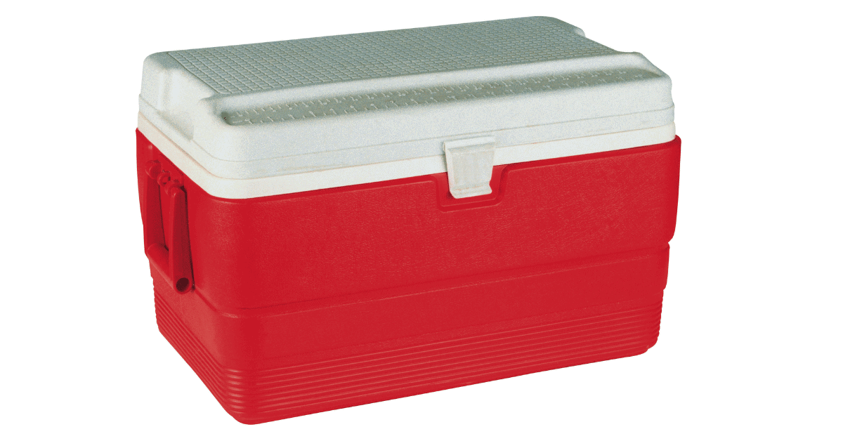 a red styrofoam cooler
