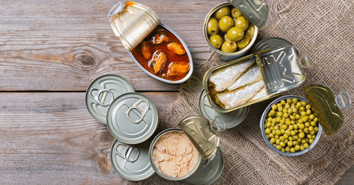 canned food items including fish and olives