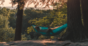 a person lounging in a hammock in nature