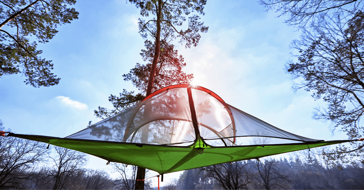 a suspended tent hanging between trees