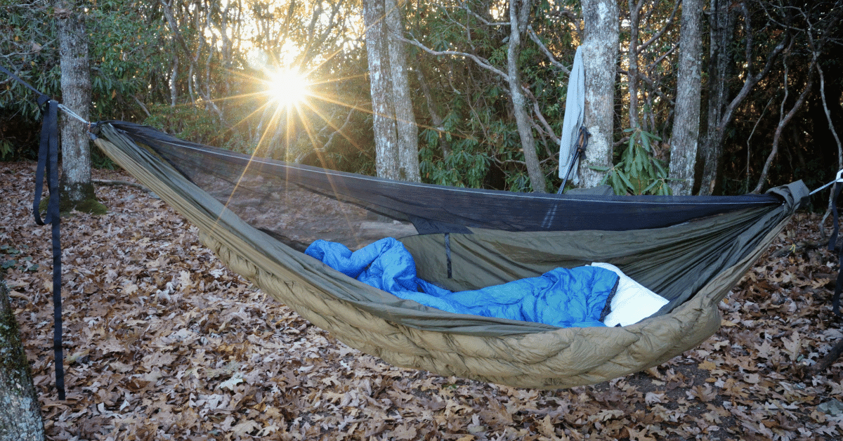 a hammock with an underquilt and sleeping bag