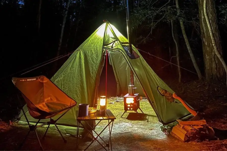 winter camping with a tent stove