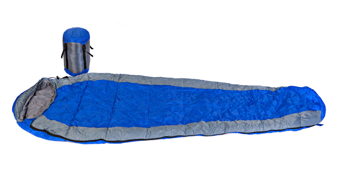 blue mummy sleeping bag and stuff sack