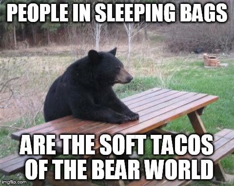 people in sleeping bags are the soft tacos of the bear world