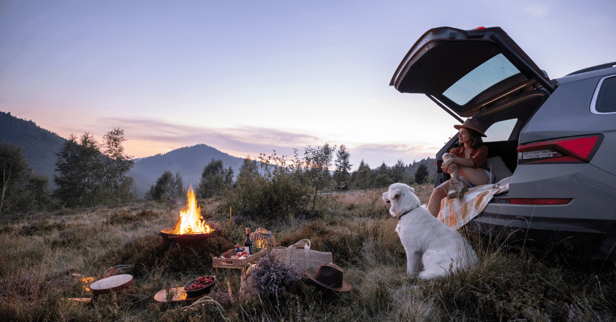 girl and white dog by a campfire in the mountains