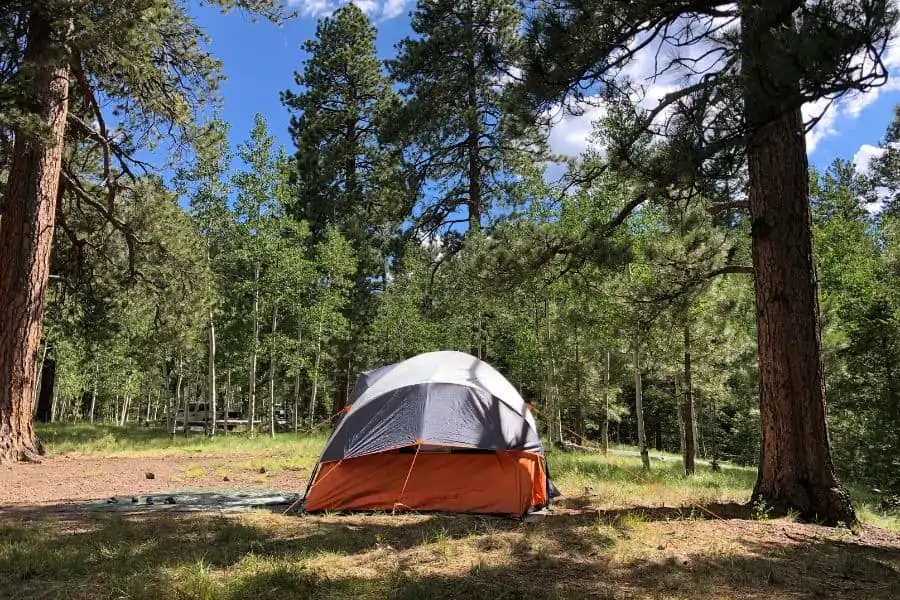 A large dome tent's design helps to protect from wind and rain