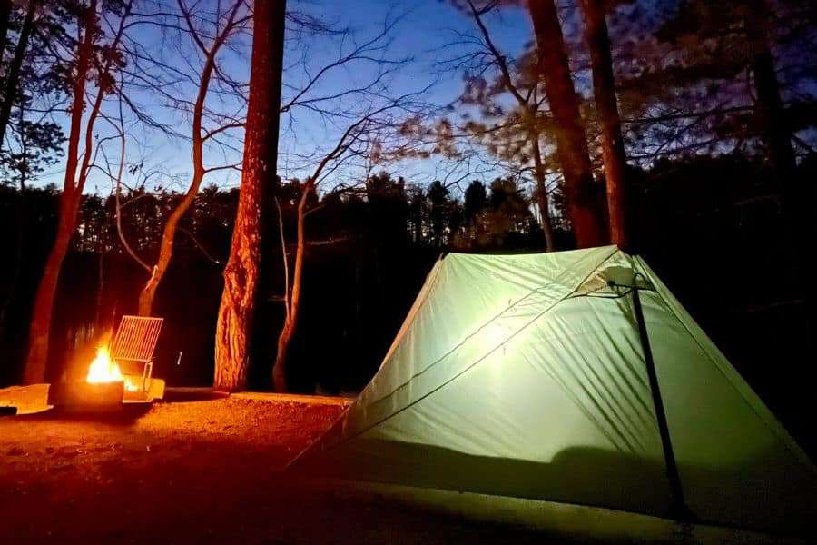 Campfire and 2-Person Tent at Stone Mountain State Park, NC