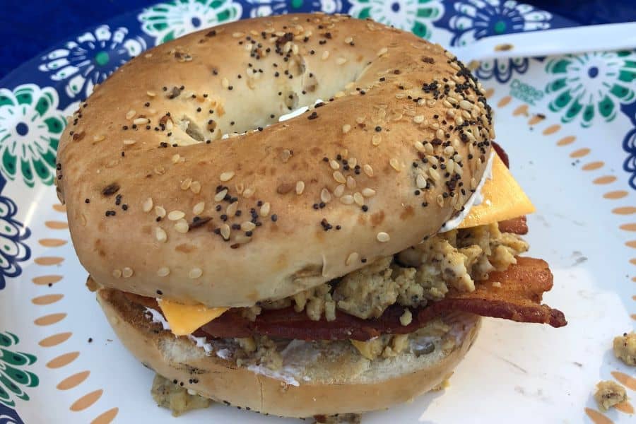 bagel sandwich with bacon, eggs and cheese