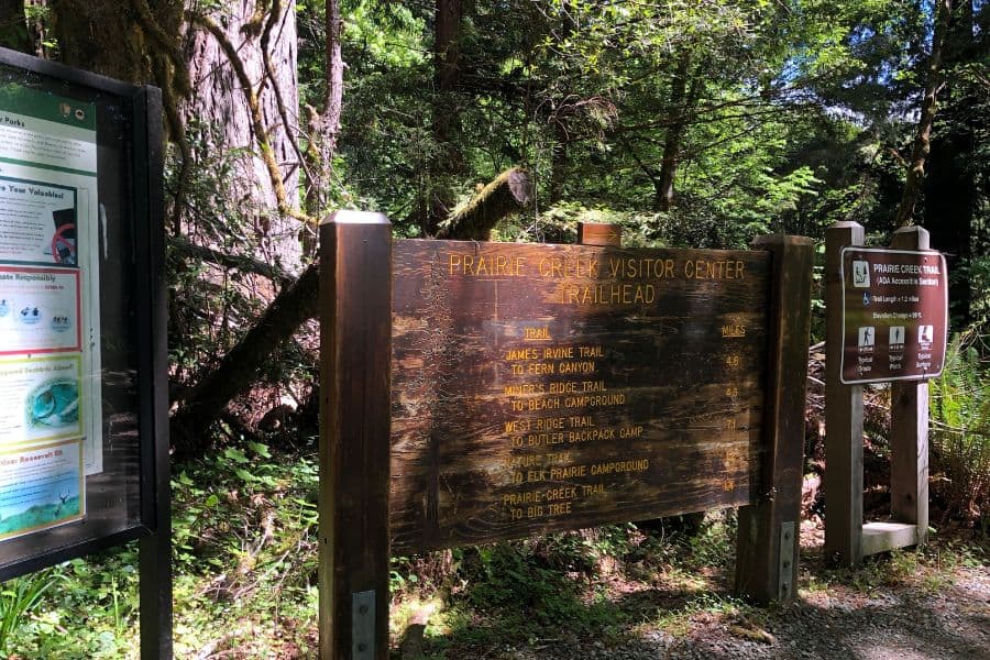 Prairie Creek Visitor Center Trailhead Sign