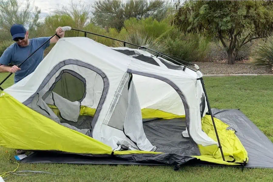 Setting up an instant tent is as simple as expanding the poles until they lock into place