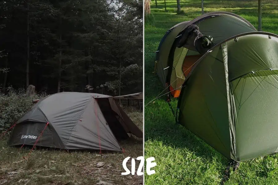 Side-by-side comparison of two tent types: a gray dome tent in forest setting and a green tunnel tent on grass.