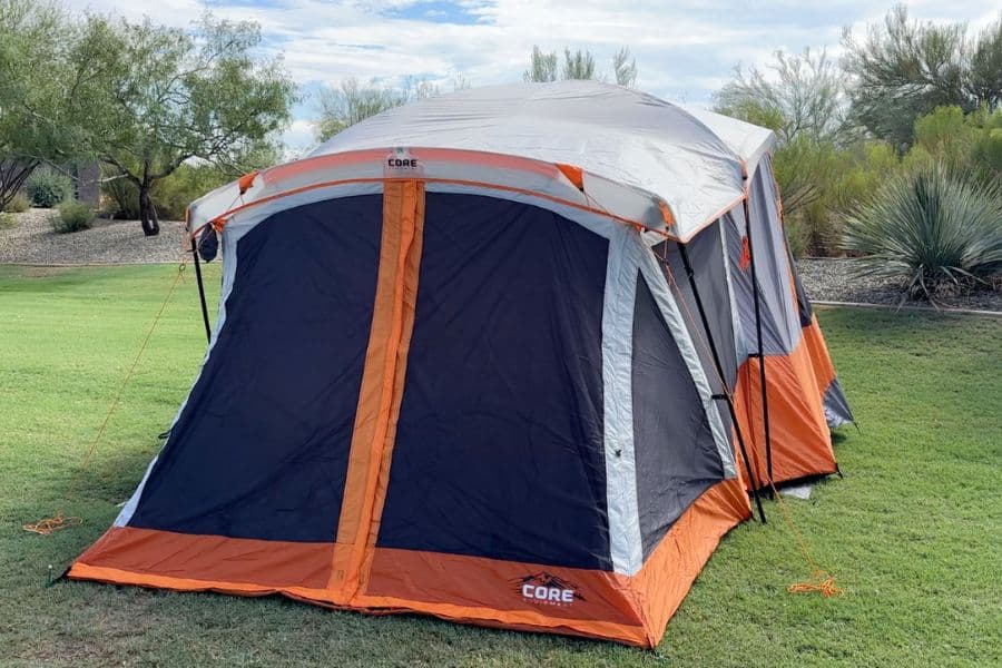 The CORE 11-Person Tent Buttoned Up for Rain