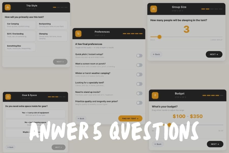 Tent Finder - Answer 5 Questions