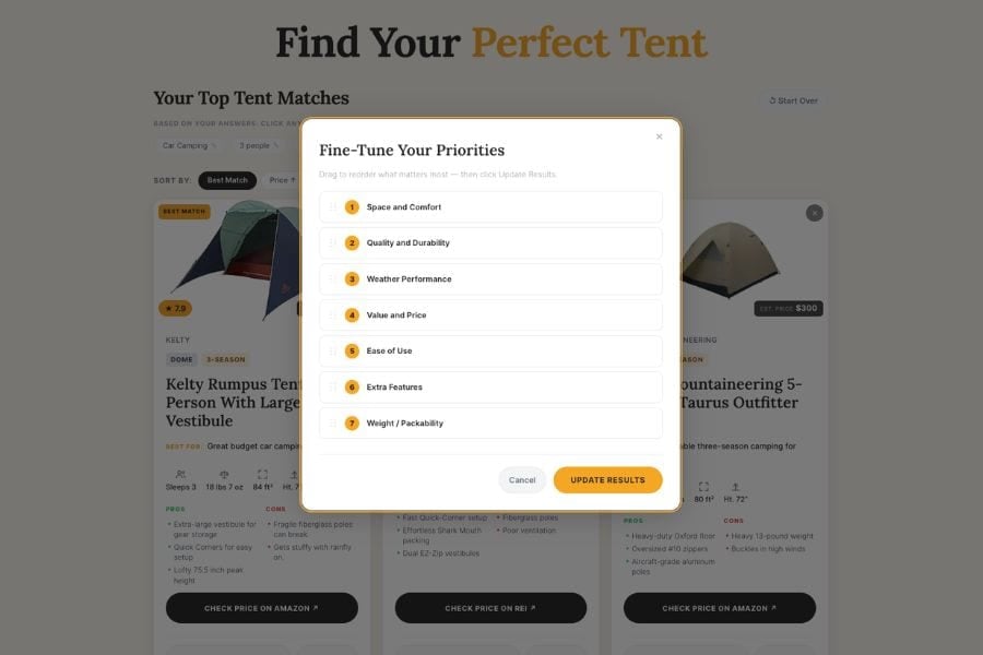Tent Finder - Fine-Tune Your Priorities