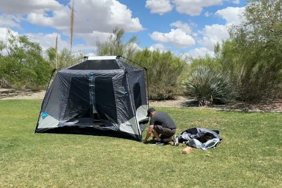 CORE claims a two-minute pitch time, but we find that while the tent itself pitches in 2 minutes, the rainfly takes about 8 minutes or so